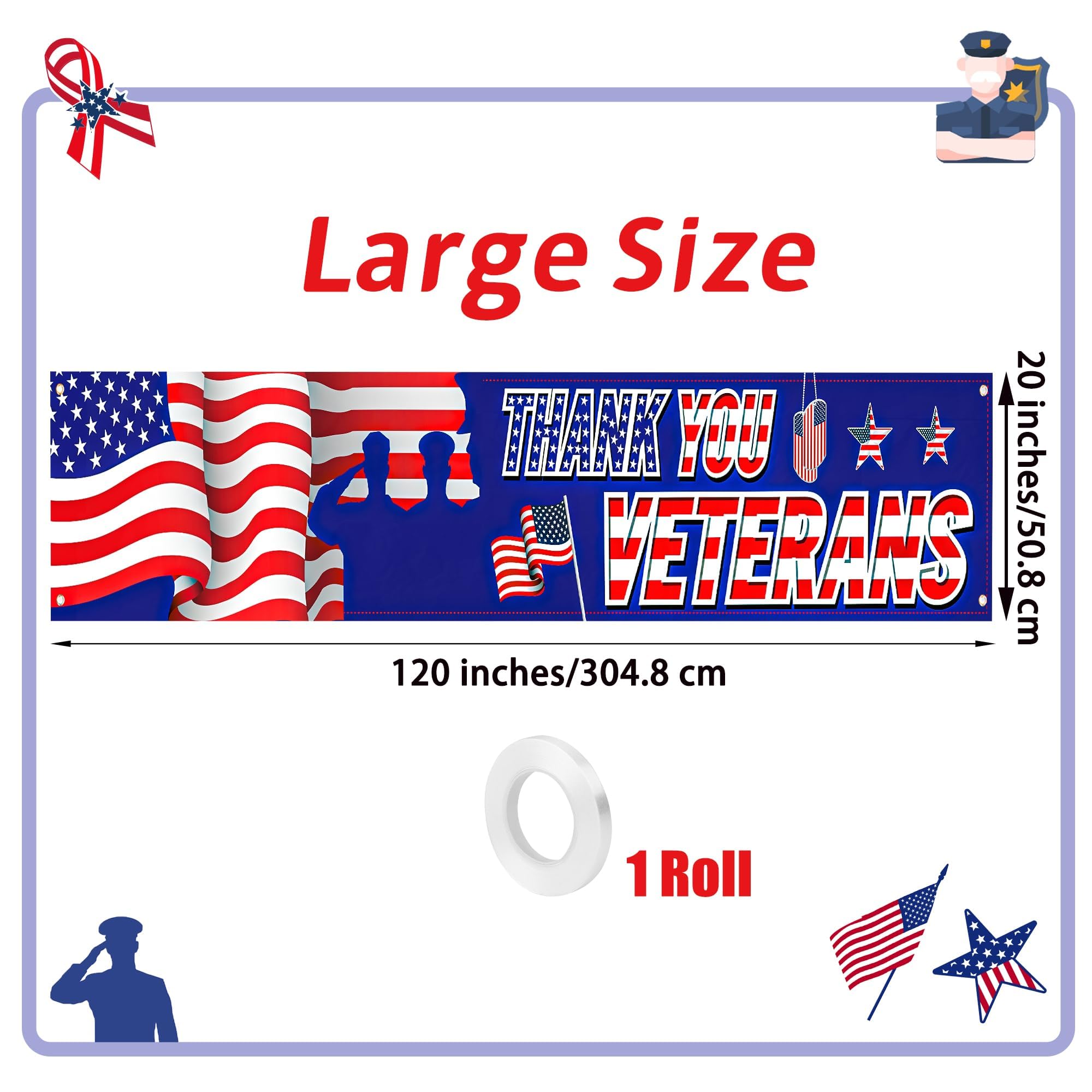 Fovths Thank You Veterans Banner Large 120 x 20 Inches American Patriotic Flag Veterans Day Decoration for Memorial Day Veterans Day Heroes Theme Party Supplies