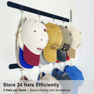 ETOWIFA Adhesive Hat Organizer Rack for Baseball Caps [Up to 24 Caps] Hat Hangers Holder Display for Wall, Over Door Closet, Room/College Dorm Storage - 2 Magic Strips with 8 Removable Hooks