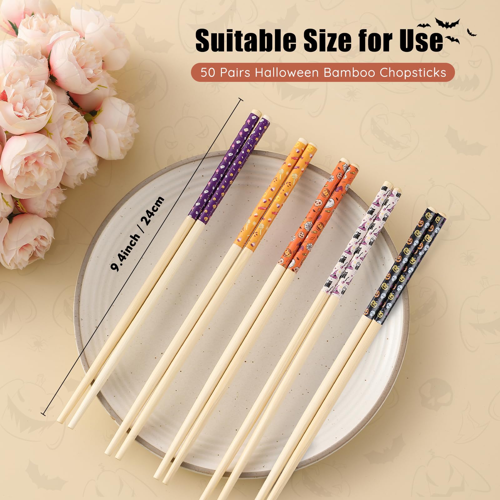 Halloween 50 Pairs 9.4Inch Bamboo Disposable Chopsticks - Sleeved and Separated, Party Gifts