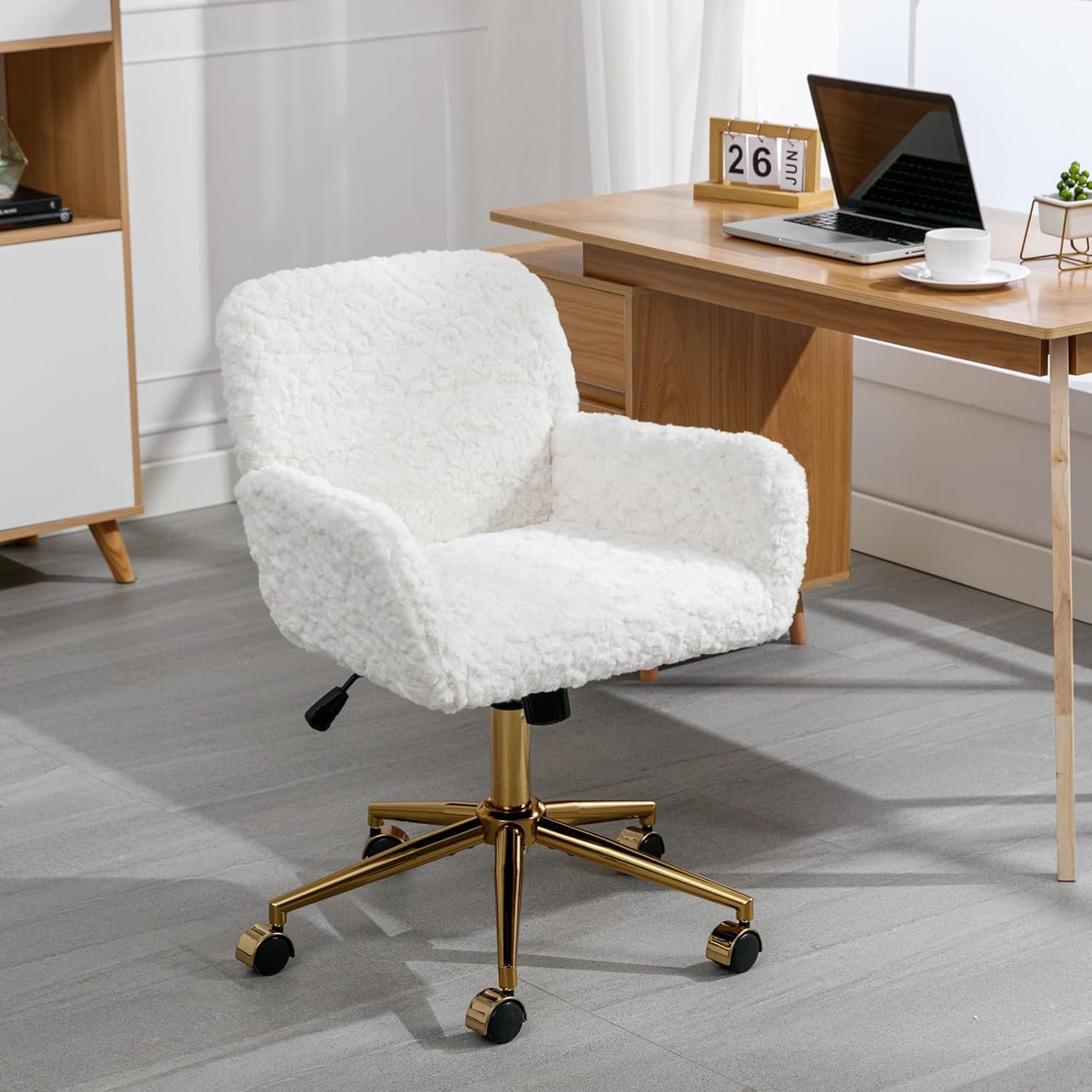 White Faux Fur Home Office Chair,Upholstered Elegant Desk Chair Makeup Vanity Chair for Girls,Swivel Desk Chair with Gold Base,Height Adjustable Tiltable Computer Chair,Cute Desk Chair for Kids