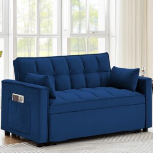 OUMAX Sleeper Sofa Bed,3 in 1 Convertible Futon Sofa Couch Pull Out Bed,Love Seat Lounge Sofa with RecliningBackrest,Furniture Sleeper Chair for Living Room (Blue)