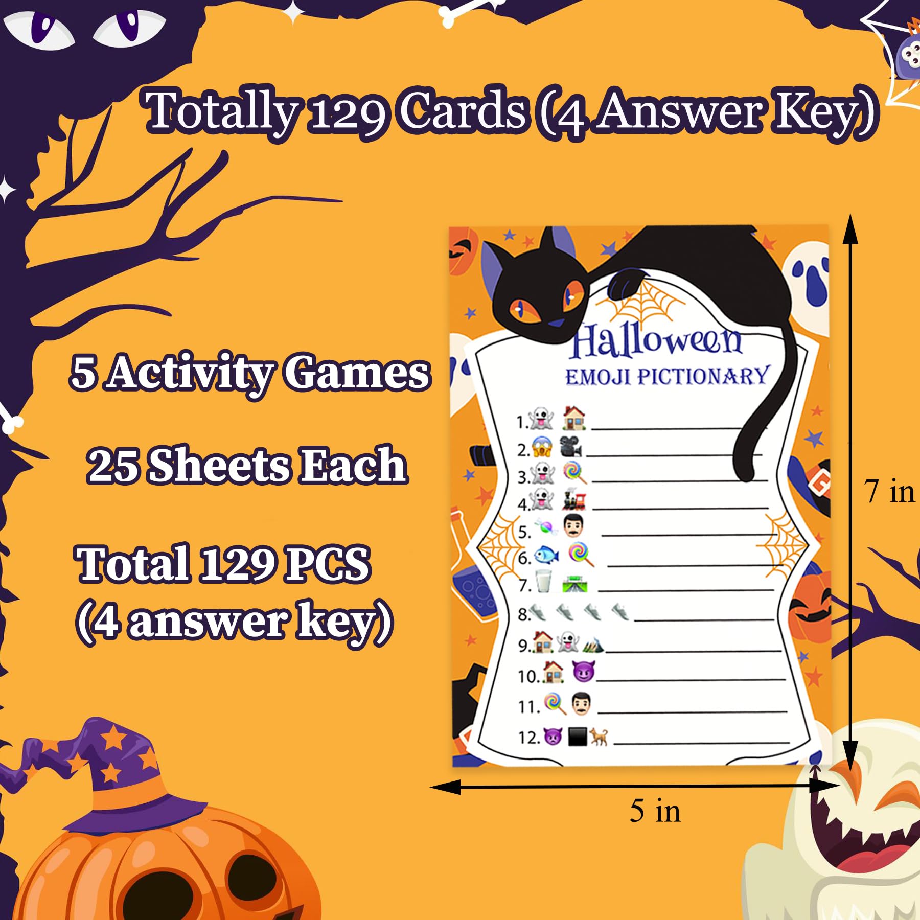 Ayhuhra Halloween Party Games 129pcs Halloween Card Games for Adults/Teens Emoji Word Scramble Word Search Candy Trivia Card Games for Halloween Birthday Party Activity Classroom Ice Breaker