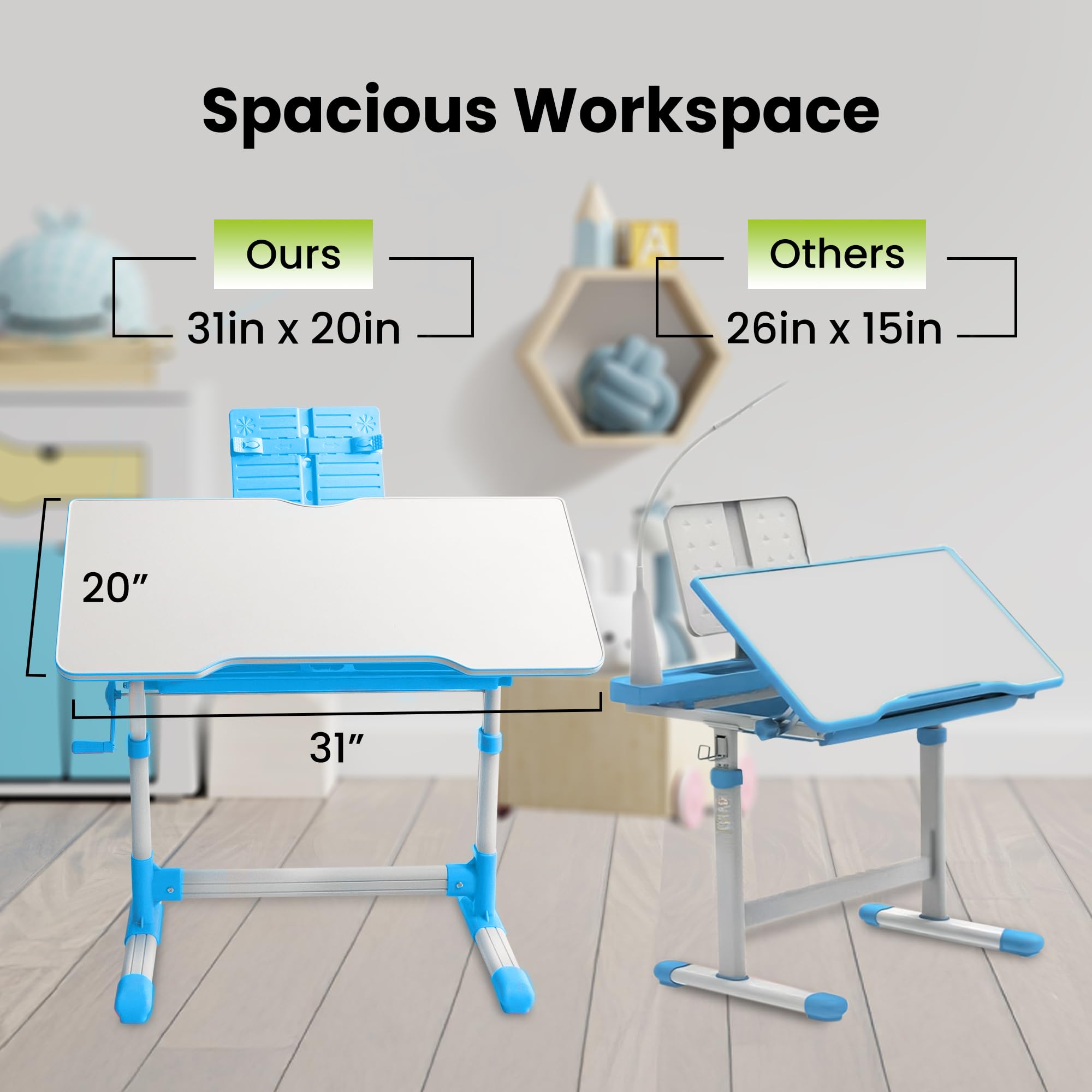 eClub Deals Kids Functional Desk and Chair Set, Height Adjustable Children's Study Desk for Ages 4-12, Book Stand, LED Light and Storage Drawer - for Baby Bedroom, Game Rooms, Blue