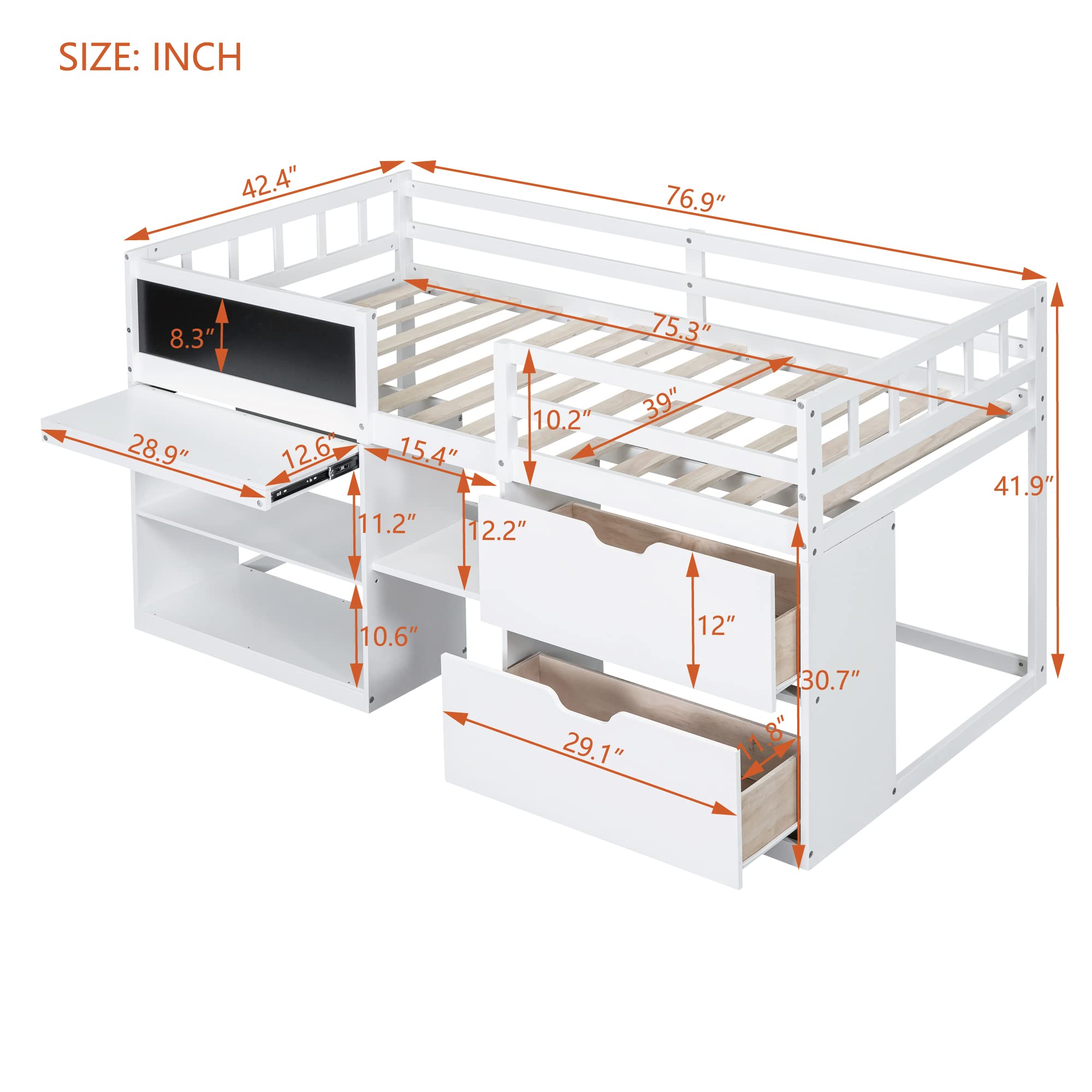 Harper & Bright Designs Twin Size Low Loft Bed with Storage Shelves and Drawers, Wooden Twin Size Loft Bed with Rolling Desk and Chalkboard, for Kids Teens Girls Boys - White