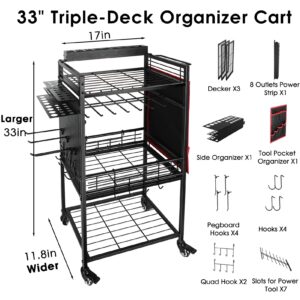 ElecVoztile Power Tool Organizer Cart w/Charging Station, 8 AC Outlets, 8 Drills Holders, 3-Layer Storage Shelves, 4 Wheels w/Brake, More Space for Plier, Screwdriver, Hammer, Wrench, etc (Black)