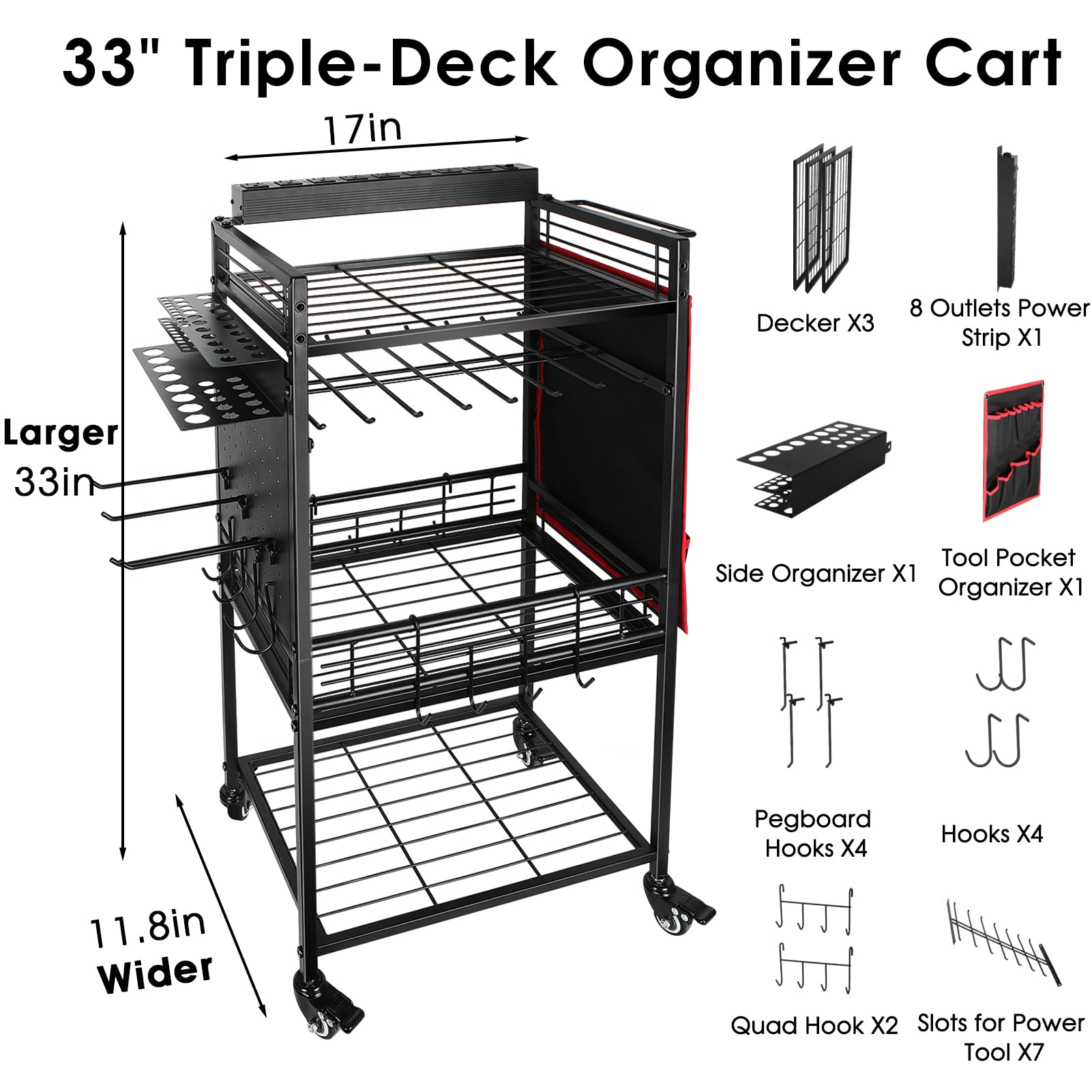 ElecVoztile Power Tool Organizer Cart w/Charging Station, 8 AC Outlets, 8 Drills Holders, 3-Layer Storage Shelves, 4 Wheels w/Brake, More Space for Plier, Screwdriver, Hammer, Wrench, etc (Black)