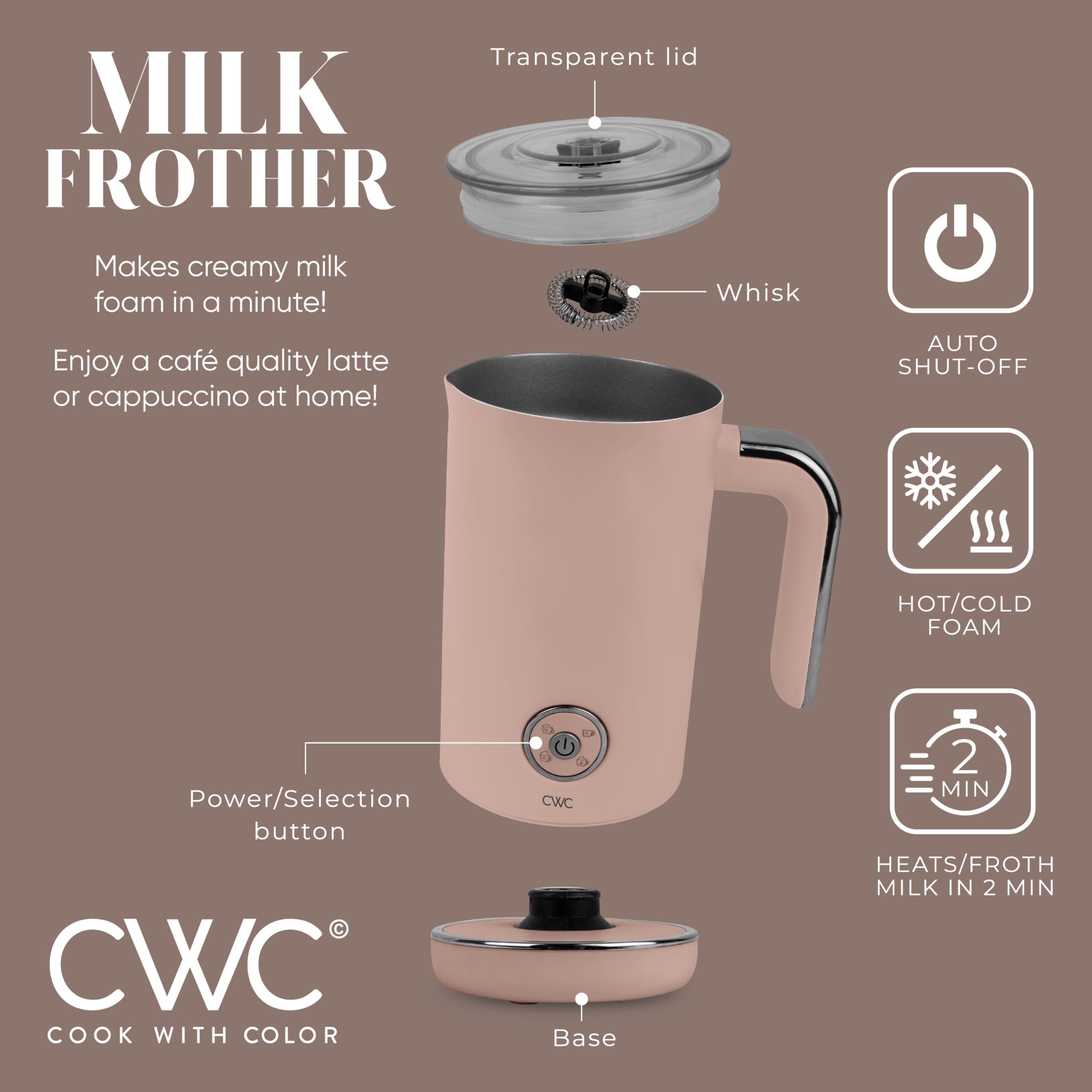 COOK WITH COLOR 4-in-1 Electric Milk Steamer and Frother - 2-Minute Heating and Frothing, Hot and Cold Foam Maker for Coffee, Latte, Cappuccino, Macchiato, Milk Warmer, Auto Shut Off, Blush