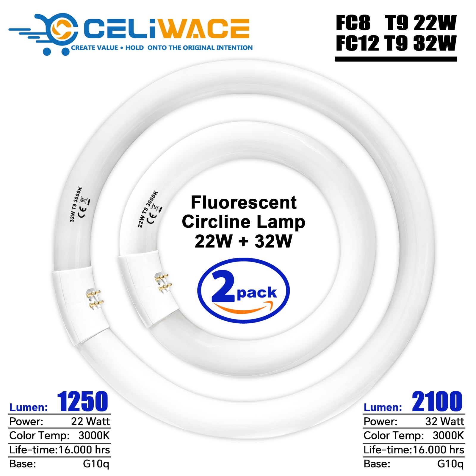 Celiwace FC8T9/WW 22 Watt and FC12T9/WW 32 Watt Set, 8 inch T9 22W Circular Light Bulbs Warm White, 12'' 32W Circline Fluorescent Bulb CRI 80, Soft White 3000K G10q