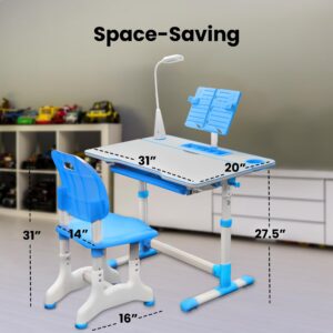 eClub Deals Kids Functional Desk and Chair Set, Height Adjustable Children's Study Desk for Ages 4-12, Book Stand, LED Light and Storage Drawer - for Baby Bedroom, Game Rooms, Blue