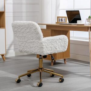 White Faux Fur Home Office Chair,Upholstered Elegant Desk Chair Makeup Vanity Chair for Girls,Swivel Desk Chair with Gold Base,Height Adjustable Tiltable Computer Chair,Cute Desk Chair for Kids