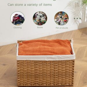 SETVSON Storage Basket with Lid Woven Storage Basket with 2 Separate Lid, 17.2 Gallon (65 L) Rattan Storage Basket Woven Storage Basket with Lid and Handles for Bedroom, Laundry Room Natural