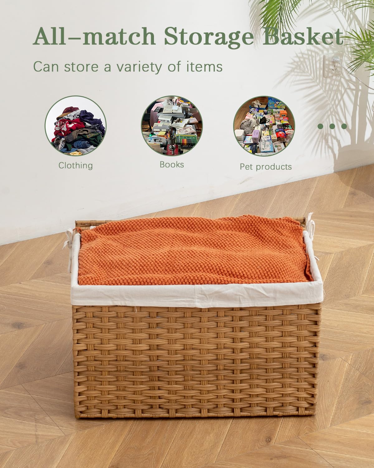 SETVSON Storage Basket with Lid Woven Storage Basket with 2 Separate Lid, 17.2 Gallon (65 L) Rattan Storage Basket Woven Storage Basket with Lid and Handles for Bedroom, Laundry Room Natural