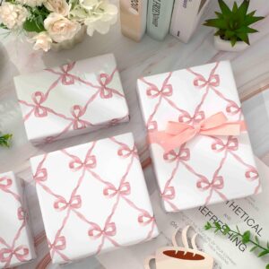 JarThenaAMCS 6 Sheets Pink Bow Wrapping Paper -Not Roll- Gift Wrap Paper Folded Flat Large Craft Paper for Birthday Baby Shower Party Supplies, 27.6 x 39.4 Inch