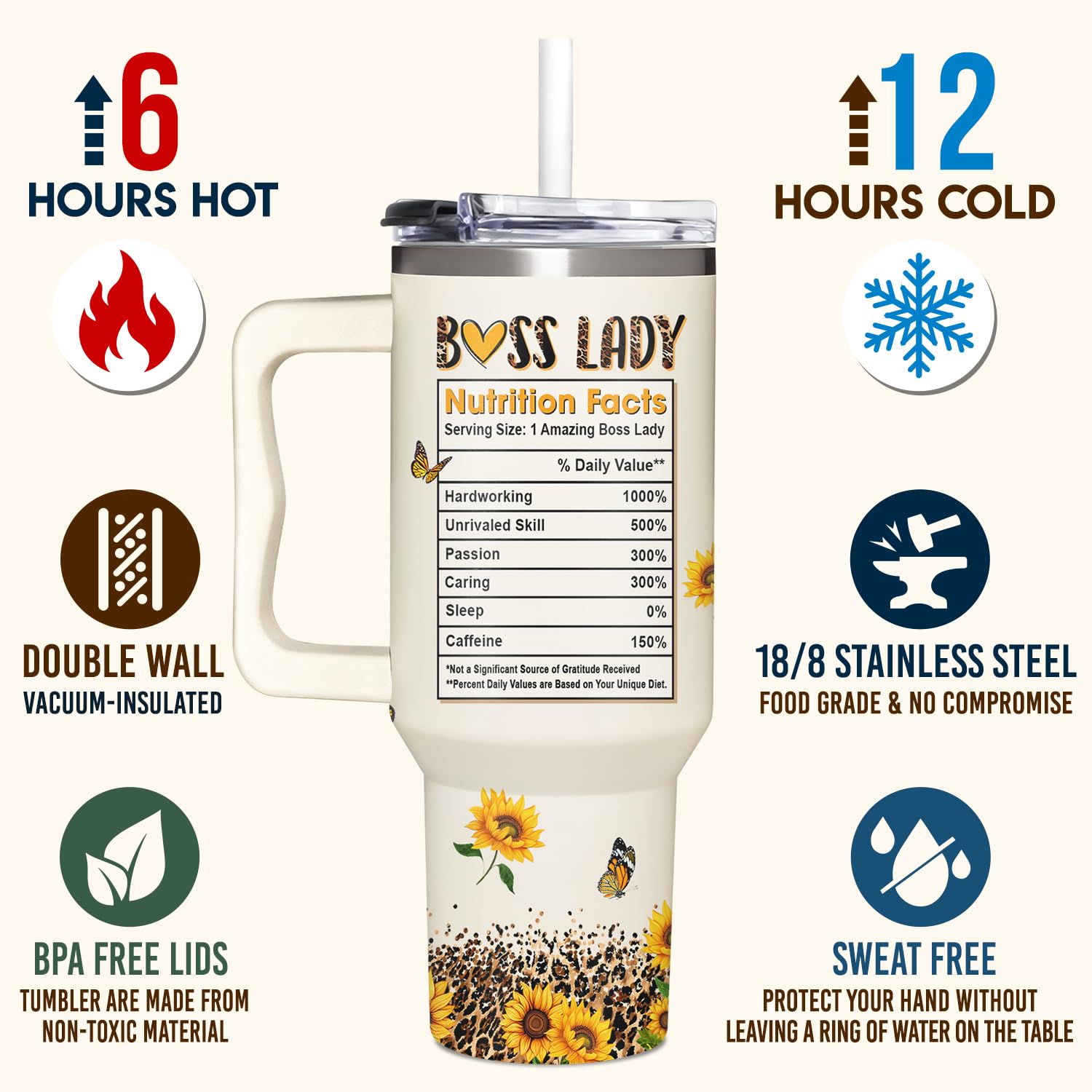 AT2Z GLOBAL Boss Lady Gifts For Women - Sunflower Gifts For Women Boss Day, Administrative Professional Day, Christmas - Thank You Gifts for Boss Lady, Manager - Boss Lady Tumbler 40oz with Handle