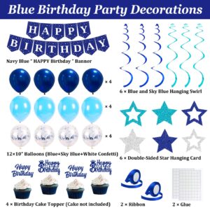 Blue Birthday Decorations, Happy Birthday Party Decorations for Men Women Boys Girls, Happy Birthday Backdrop, Banner, Balloons, Honeycomb Ball, Hanging Swirl, Star Card, Cake Topper, Pompoms 52pcs