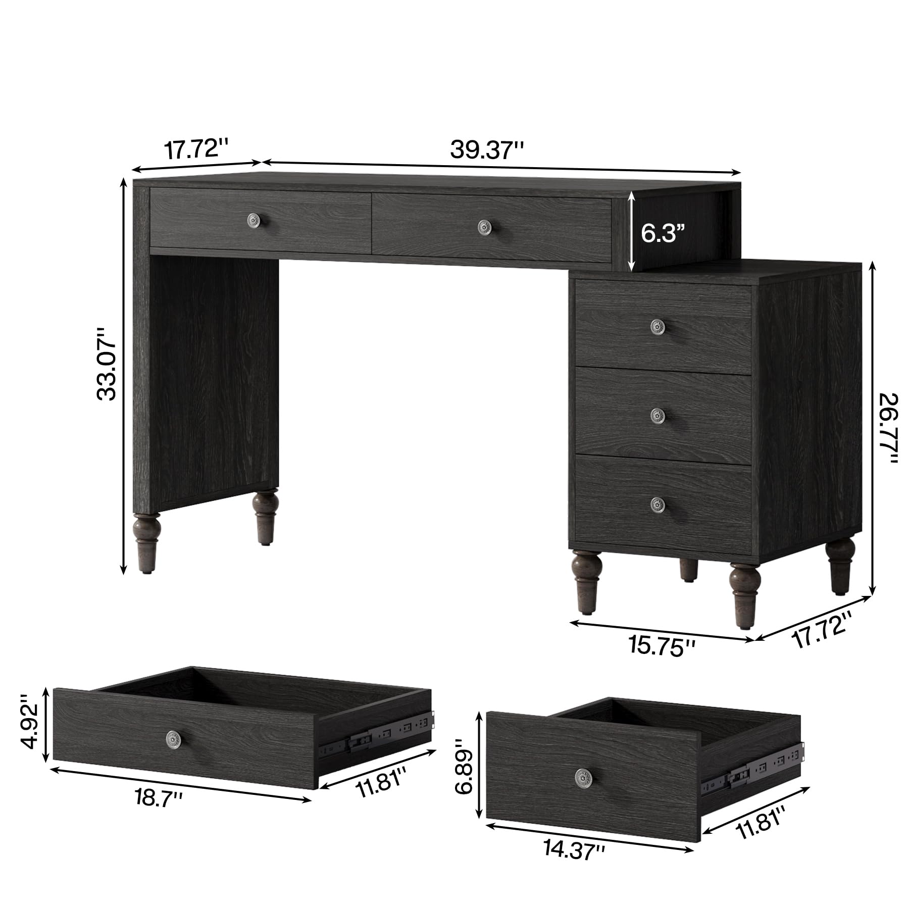 Tribesigns Computer Desk with 5 Drawers, Wood Home Office Desk with Reversible File Drawers and Printer Stand, Ash Black Writing Desk, Study Table Workstation for Small Spaces