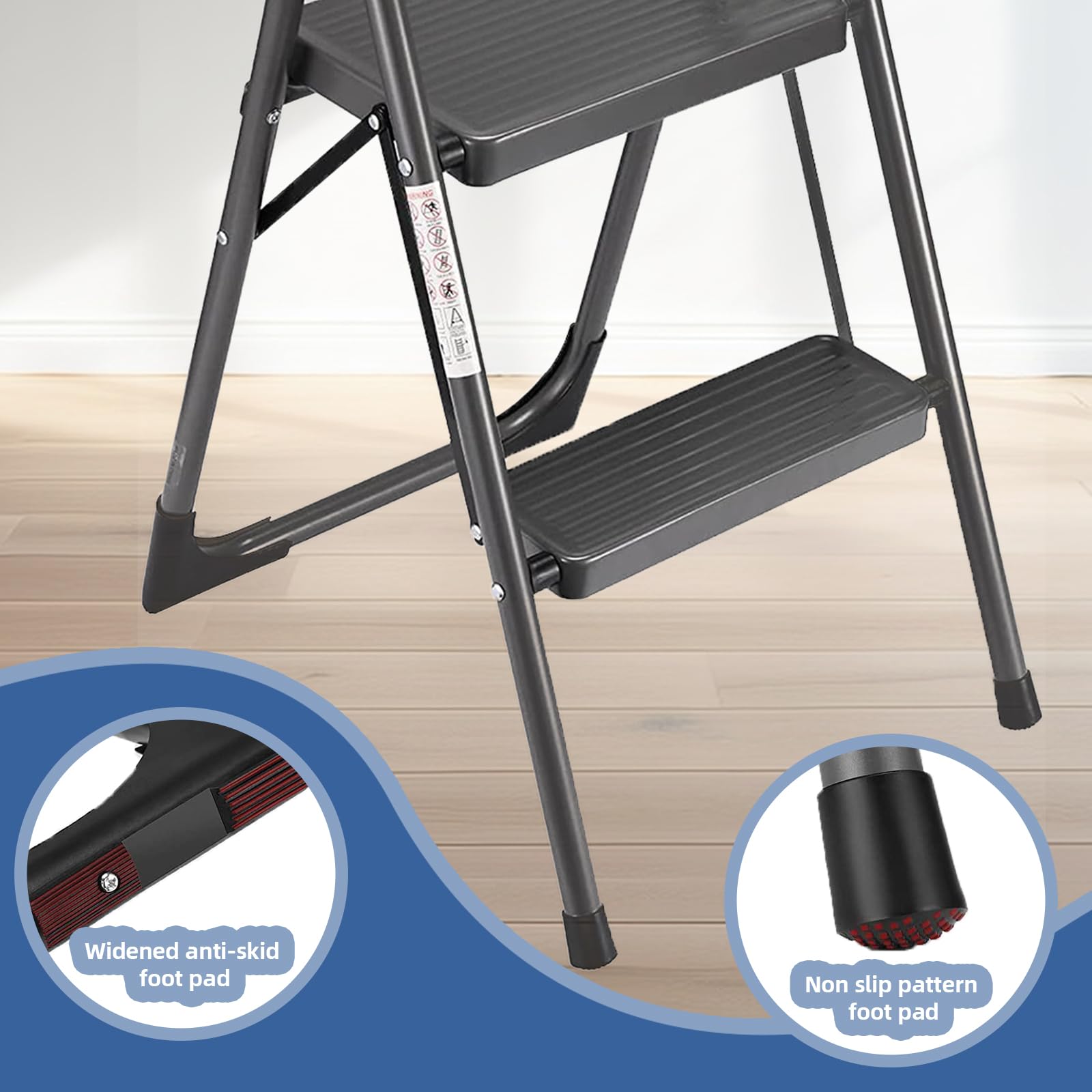 Step Ladder Folding 2 Step Stool Adult with Wide & Anti-Slip Pedals Ergonomic Portable Steel Ladder for Household, Kitchen, Office 330LBS (Gray, 2 Step)