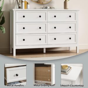 CARPETNAL White Dresser for Bedroom, 6 Drawer Dresser with Wide Drawer and Metal Handles, Wood Dressers & Chests of Drawers for Hallway, Entryway.