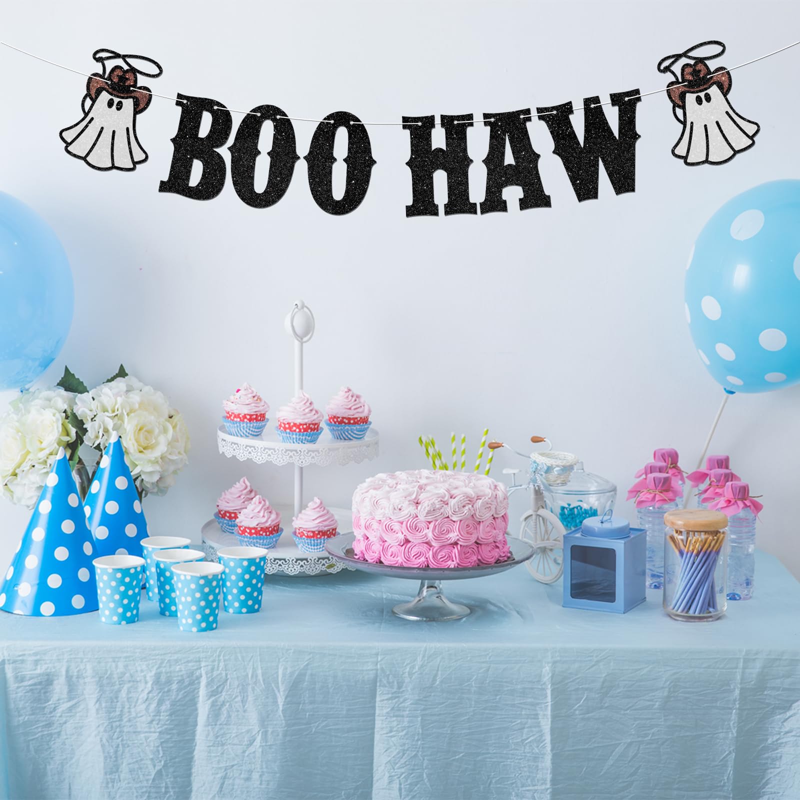 Boo Haw Banner for Halloween Party Decorations | Glittery Cowboy Ghost Hanging Decor | Western Theme Halloween Birthday Baby Shower Party Decoration Supplies