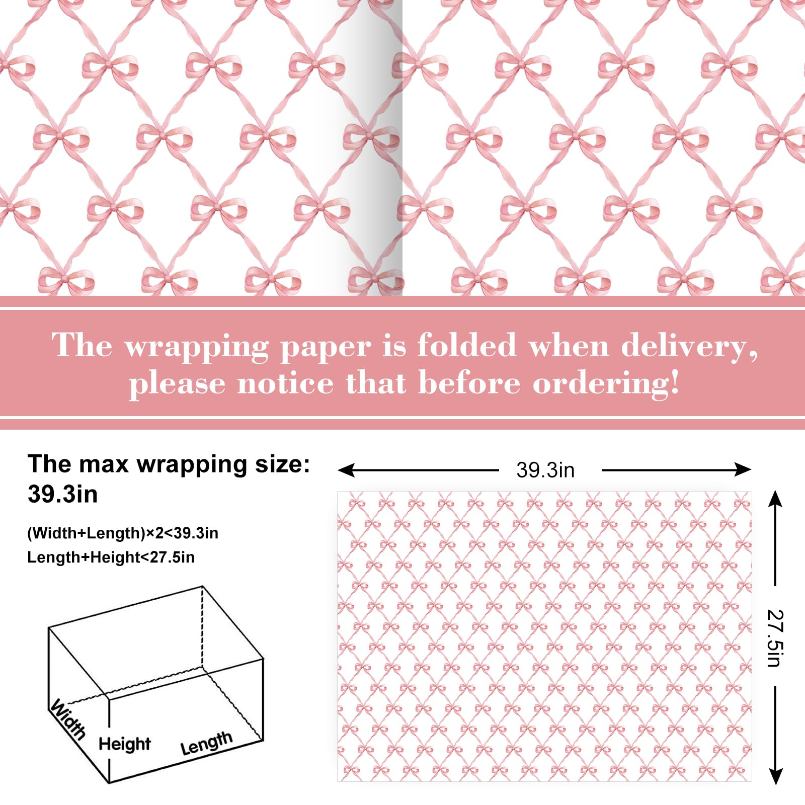 JarThenaAMCS 6 Sheets Pink Bow Wrapping Paper -Not Roll- Gift Wrap Paper Folded Flat Large Craft Paper for Birthday Baby Shower Party Supplies, 27.6 x 39.4 Inch