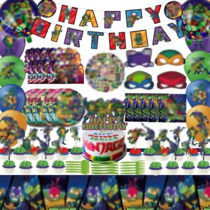 185 pcs turtle birthday party supplies, complete party decorations set with banner, balloons, masks, plates, napkins, and tablecloths for themed celebrations ﻿