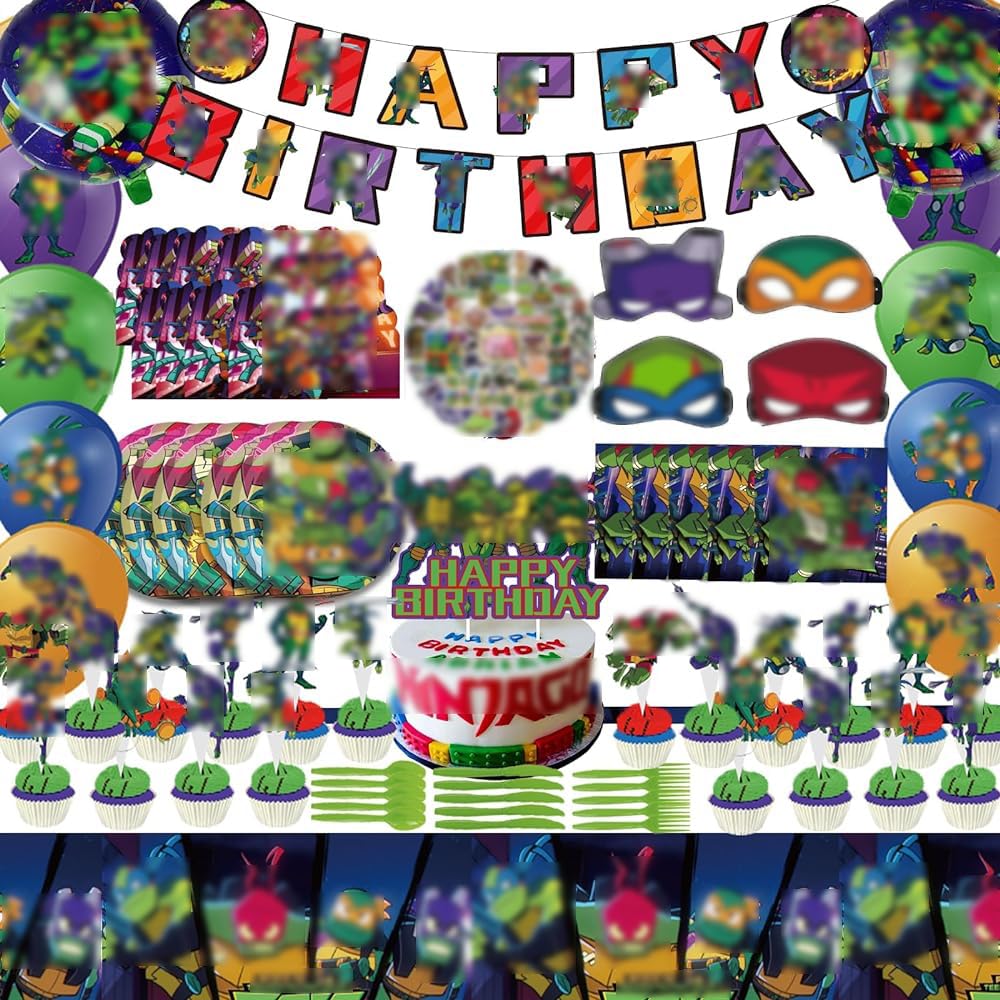 185 PCS Turtle Birthday Party Supplies, Complete Party Decorations Set with Banner, Balloons, Masks, Plates, Napkins, and Tablecloths for Themed Celebrations ﻿