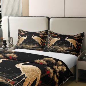 jejeloiu Japanese Crane Duvet Cover 100% Cotton Set Full Size, Red Crowned Crane with 2 Pillow Case, Wild Animal Bedding Set 3Pcs Teens Room Decor, Lucky Clouds Duvet Cover (No Comforter)