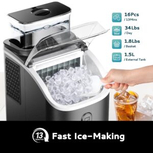 EUHOMY Ice Cube Maker Machine Countertop with External Water Tank, 34Lbs, 16Pcs Ready in 13 Mins, 2 Ways to Add Water, Auto-Cleaning, with Ice Scoop & Basket, for Home/Kitchen/Office/Bar (Black)