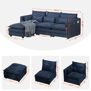 Modular Sectional Sofa, Convertible L Shaped Couch, 4 Seat Sofa Set with Chaise, Comfy Cloud Couches for Living Room, 110 inch Width Modern Sofa Couch, Chenille (Dark Blue, 3 Seats with Ottoman)