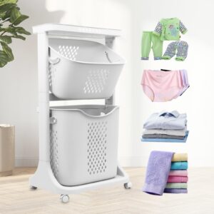 BAOKALER Rolling Laundry Hampers 2 Tier Laundry Baskets Dirty Clothes Hamper with Wheels White Portable Rolling Laundry Baskets with 2 Removable Baskets