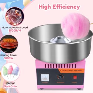 Cotton Candy Machine Commercial, 1000W Electric Cotton Candy Maker Machine, Candy Floss Machine with Stainless Steel Bowl and Sugar Scoop for Kids Birthday, Family Party Pink