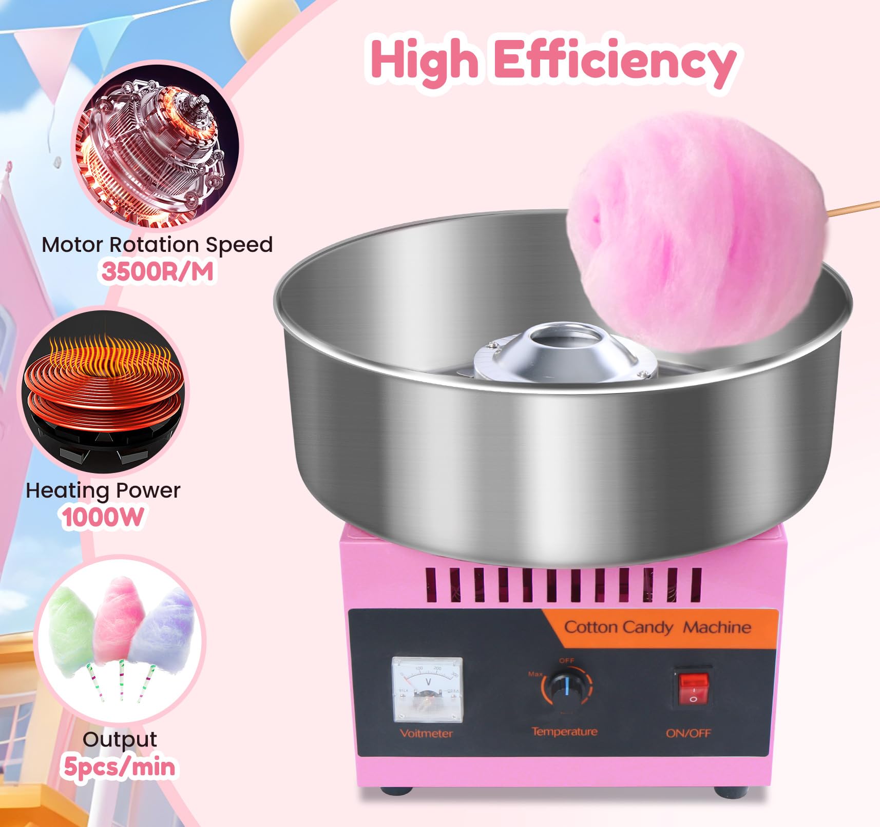 Cotton Candy Machine Commercial, 1000W Electric Cotton Candy Maker Machine, Candy Floss Machine with Stainless Steel Bowl and Sugar Scoop for Kids Birthday, Family Party Pink