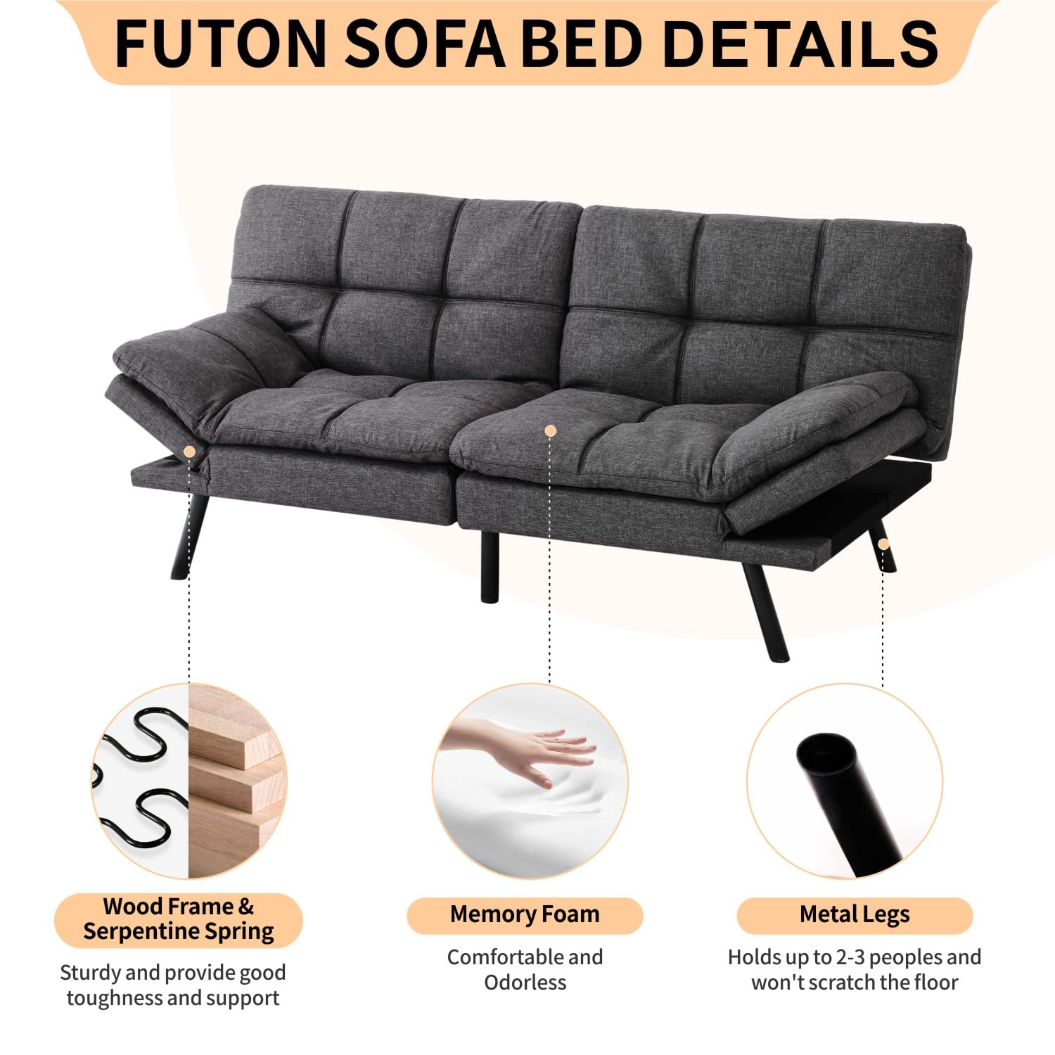 MUUEGM Futon Sofa Bed, Convertible Memory Foam Futon Sleeper Sofa, 71 Inch Futons with ArmRest, Couch Bed for Living Room Small & Compact Spaces, Dark Grey