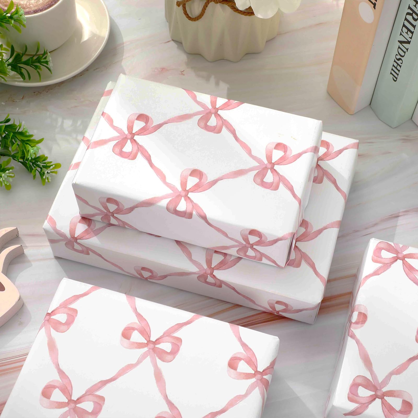 JarThenaAMCS 6 Sheets Pink Bow Wrapping Paper -Not Roll- Gift Wrap Paper Folded Flat Large Craft Paper for Birthday Baby Shower Party Supplies, 27.6 x 39.4 Inch