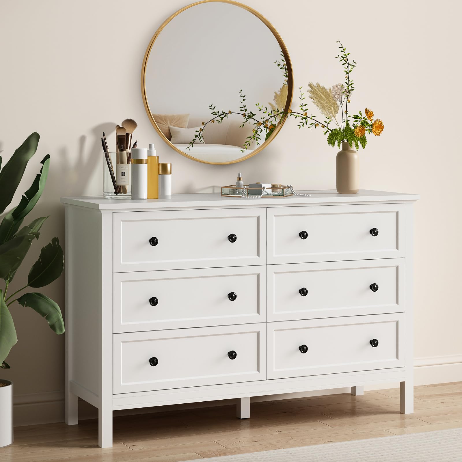 CARPETNAL White Dresser for Bedroom, 6 Drawer Dresser with Wide Drawer and Metal Handles, Wood Dressers & Chests of Drawers for Hallway, Entryway.