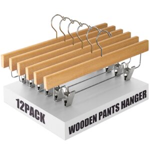 ulimart wooden pants hangers 12 pack pant hangers with clips,skirt hangers,adjustable heavy duty clip hangers,hangers for pants,jeans,slacks,shorts （ natural）