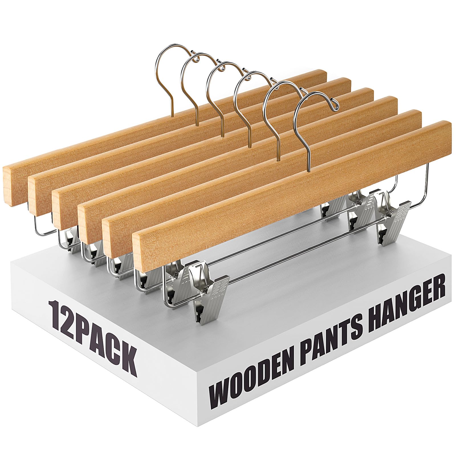 Ulimart Wooden Pants Hangers 12 Pack Pant Hangers with Clips,Skirt Hangers,Adjustable Heavy Duty Clip Hangers,Hangers for Pants,Jeans,Slacks,Shorts （ Natural）