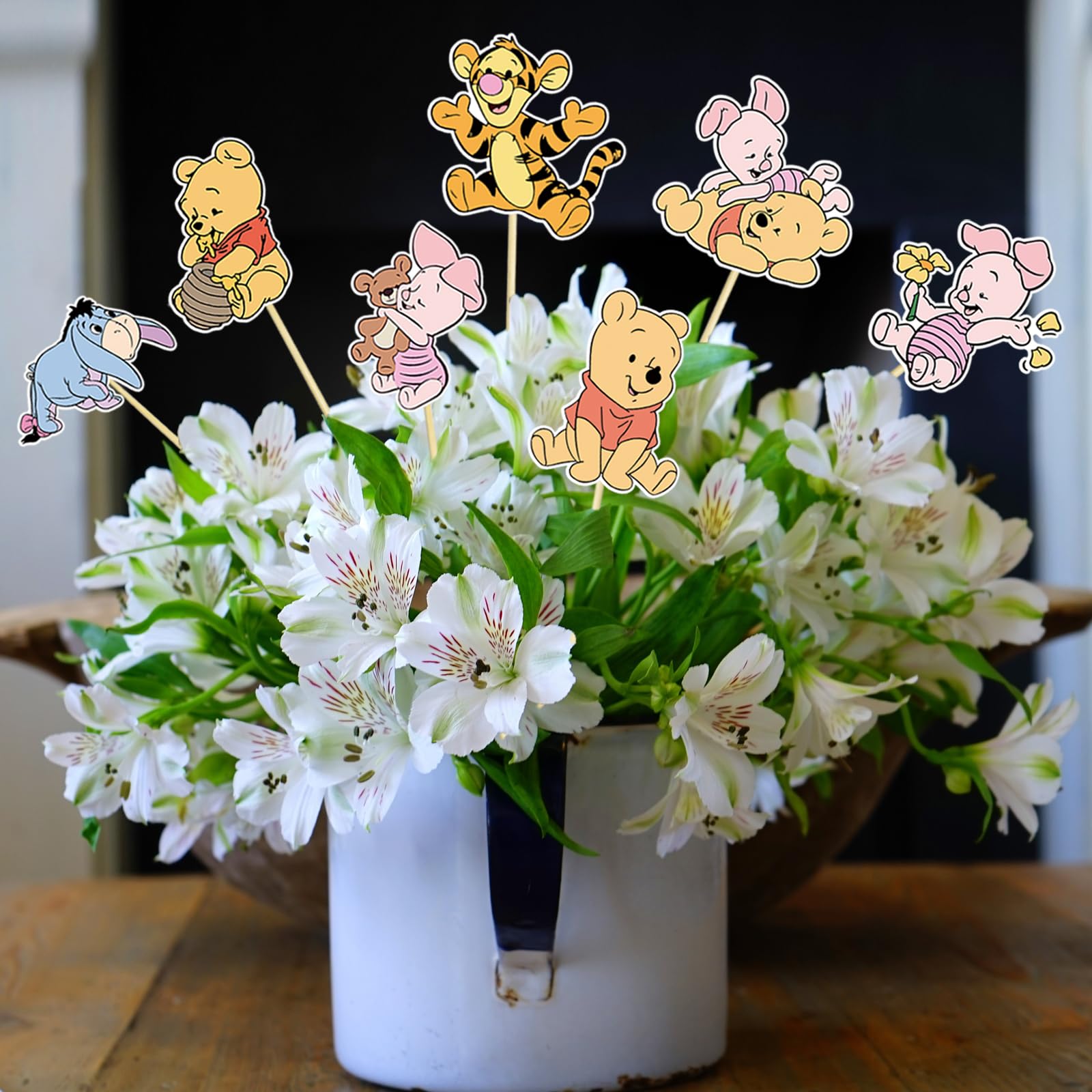 24 PCS Classic The Pooh Centerpieces Winnie Table Toppers On Sticks Cutouts for Winnie Baby Shower decorations Winnie Table Decorations Winnie Birthday Party Supplies