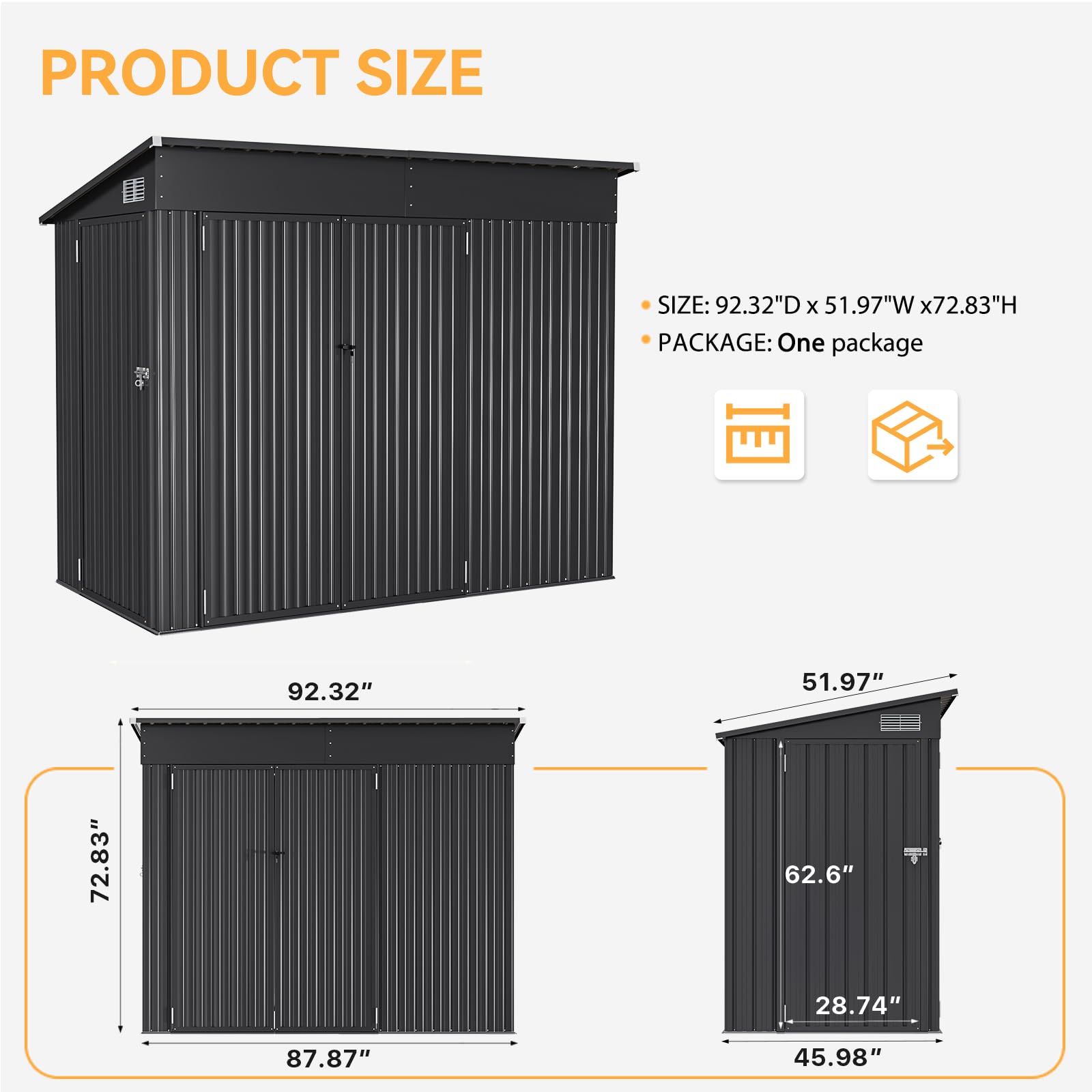 Aoxun 4' x 8' Shed Outdoor Storage Shed with Triple Lockable Door Metal Storage Cabinet with Slopping Roof for Tools Bicycles Storage for Garden, Patio, Courtyard