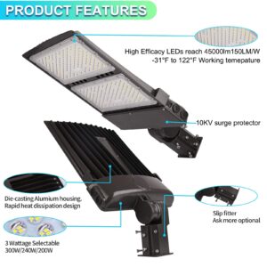 300W/240W/200W Power Selectable, LED Parking Lot Lights with Slip Fitter, 45000LM 5700K Led Shoebox in Outdoor, Waterproof Pole Mount Lights for Street Yard Stadium,100-277V IP65, ETL (1 Pack)