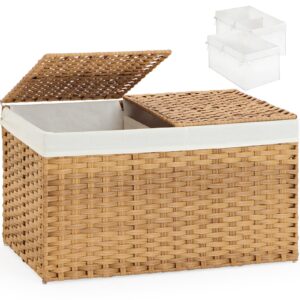 setvson storage basket with lid woven storage basket with 2 separate lid, 17.2 gallon (65 l) rattan storage basket woven storage basket with lid and handles for bedroom, laundry room natural