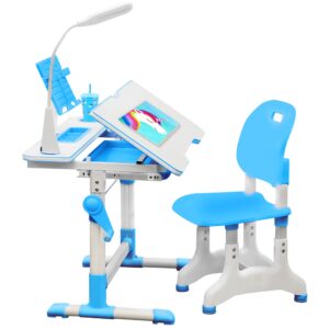 eclub deals kids functional desk and chair set, height adjustable children's study desk for ages 4-12, book stand, led light and storage drawer - for baby bedroom, game rooms, blue