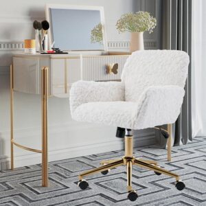 White Faux Fur Home Office Chair,Upholstered Elegant Desk Chair Makeup Vanity Chair for Girls,Swivel Desk Chair with Gold Base,Height Adjustable Tiltable Computer Chair,Cute Desk Chair for Kids