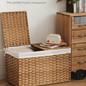 SETVSON Storage Basket with Lid Woven Storage Basket with 2 Separate Lid, 17.2 Gallon (65 L) Rattan Storage Basket Woven Storage Basket with Lid and Handles for Bedroom, Laundry Room Natural