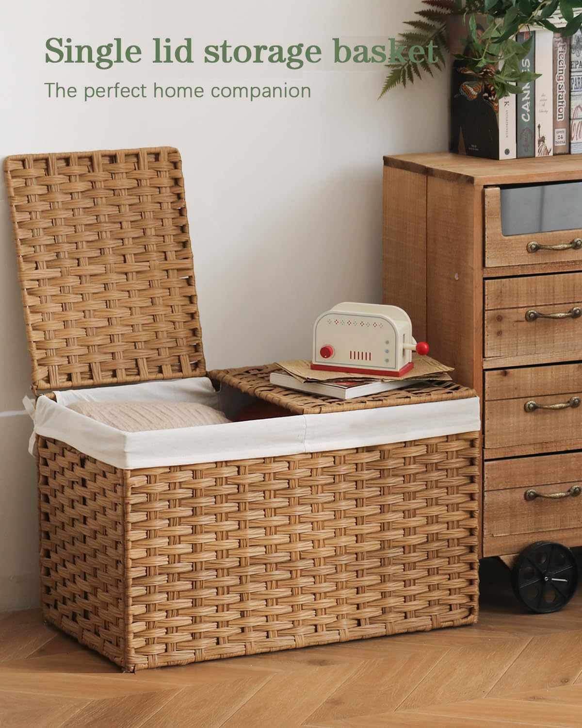 SETVSON Storage Basket with Lid Woven Storage Basket with 2 Separate Lid, 17.2 Gallon (65 L) Rattan Storage Basket Woven Storage Basket with Lid and Handles for Bedroom, Laundry Room Natural