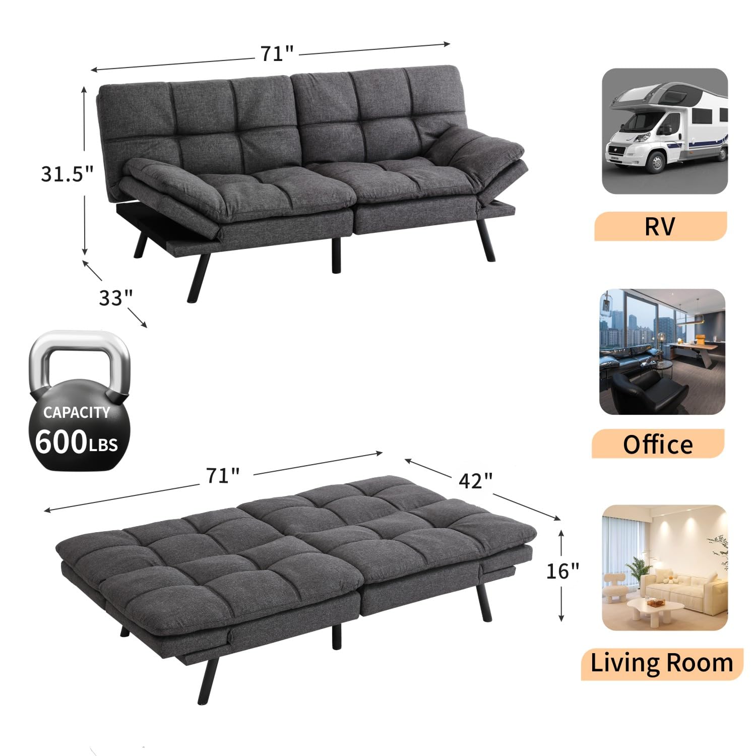 MUUEGM Futon Sofa Bed, Convertible Memory Foam Futon Sleeper Sofa, 71 Inch Futons with ArmRest, Couch Bed for Living Room Small & Compact Spaces, Dark Grey