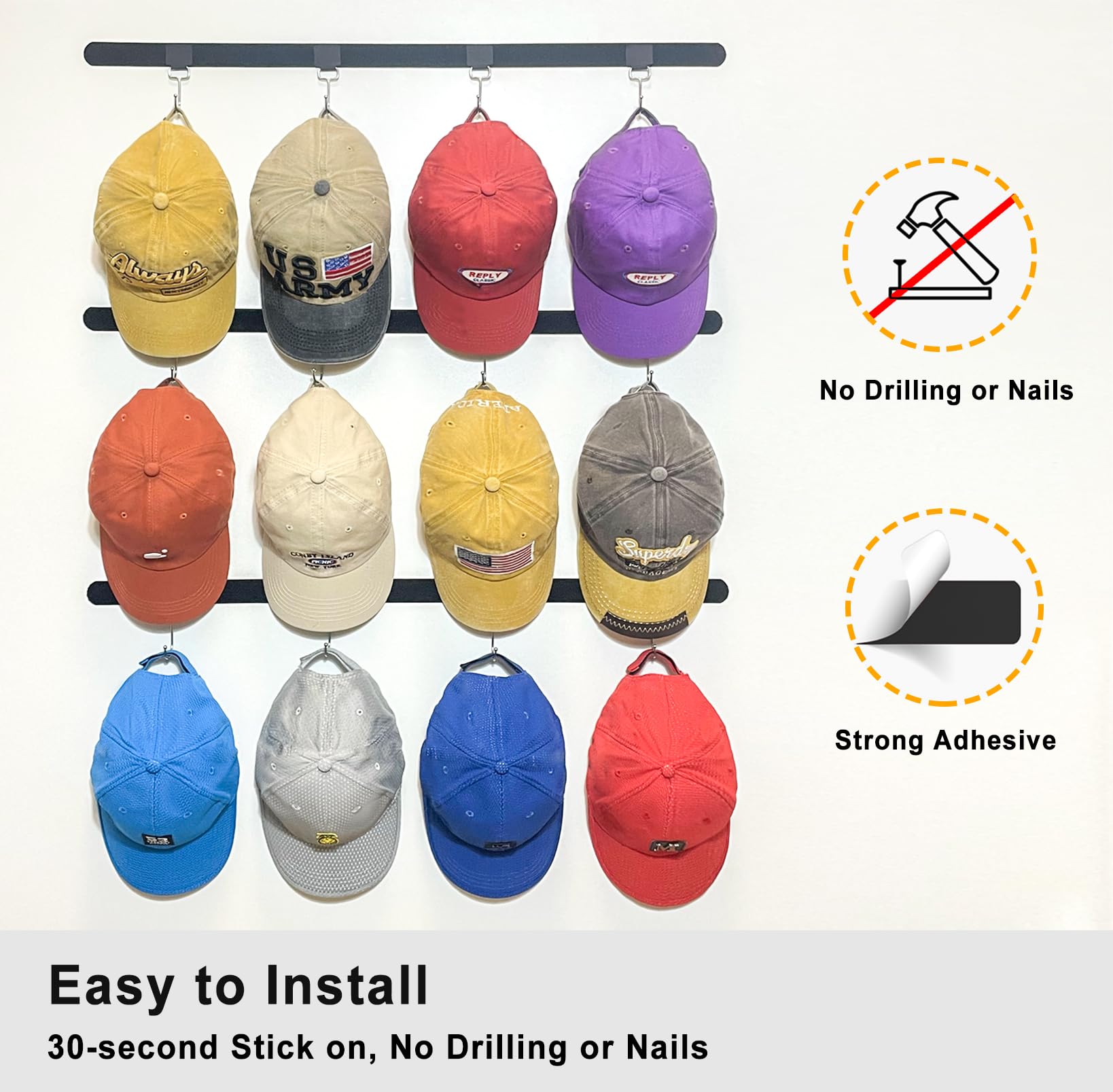 ETOWIFA Adhesive Hat Organizer Rack for Baseball Caps [Up to 36 Caps] Hat Hangers Holder Display for Wall, Over Door Closet, Room/College Dorm Storage - 3 Magic Strips with 12 Removable Hooks