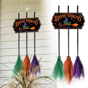 halloween decorations - hanging ornaments decor - broom parking with 3 witches brooms for front porch wall home office indoor outdoor