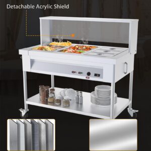 72QT Steam Table 9x8QT Electric Commercial Food Warmer 9-Pans with Acrylic Shield Stainless Steel Bain Marie Countertop with Lockable Wheels for Restaurants Buffets Party 1500W, 110V