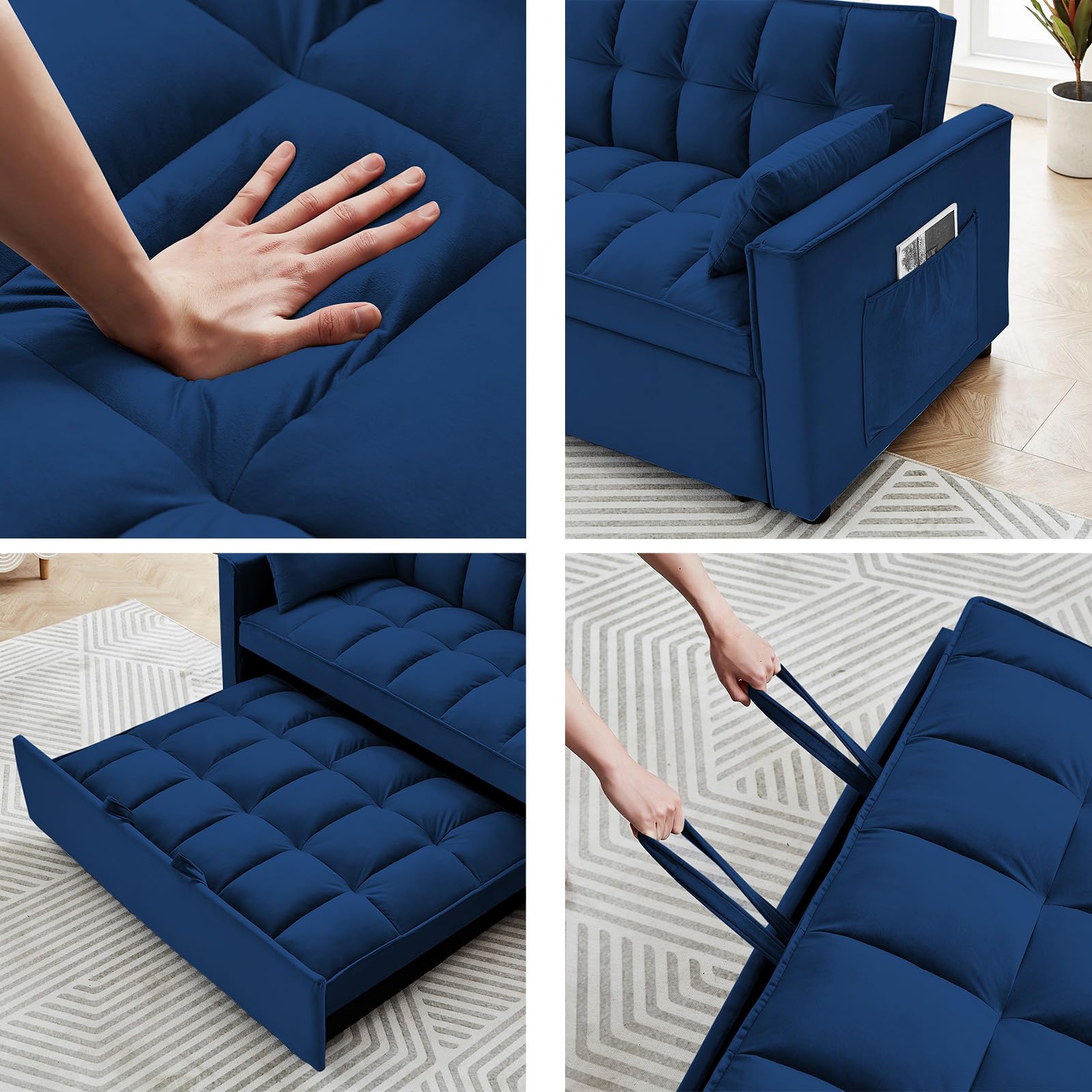 OUMAX Sleeper Sofa Bed,3 in 1 Convertible Futon Sofa Couch Pull Out Bed,Love Seat Lounge Sofa with RecliningBackrest,Furniture Sleeper Chair for Living Room (Blue)